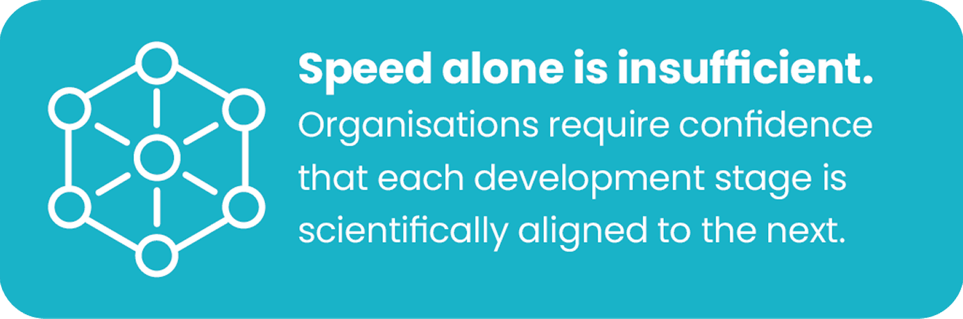 **Speed alone is insufficient.** Organisations require confidence that each development stage is scientifically aligned to the next.
